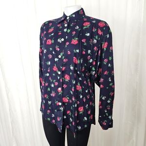 Liz Sport Navy Blue Floral Button Down Shirt Rayon Small
